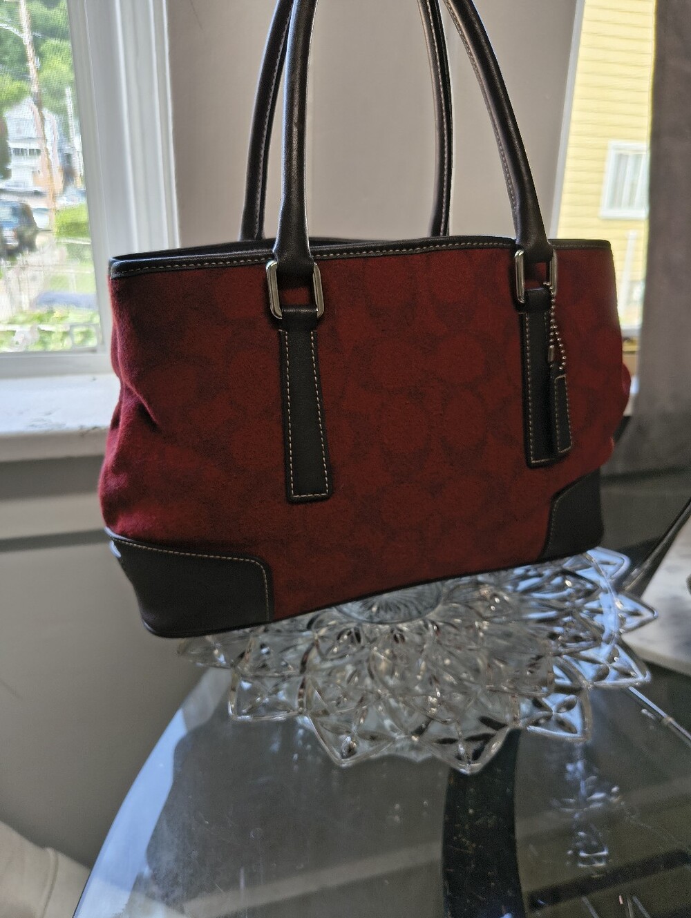 Coach Hamptons Weekend Signature Suede Tote Bag Red Brown Leather Excellent Cond - Picture 10 of 15